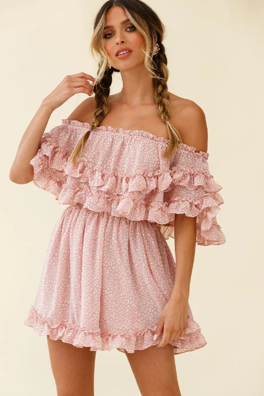 Women's Resort Garments Meet Me At Sunset Bardot Neckline Frill Trim Dress Speckle Print Pink