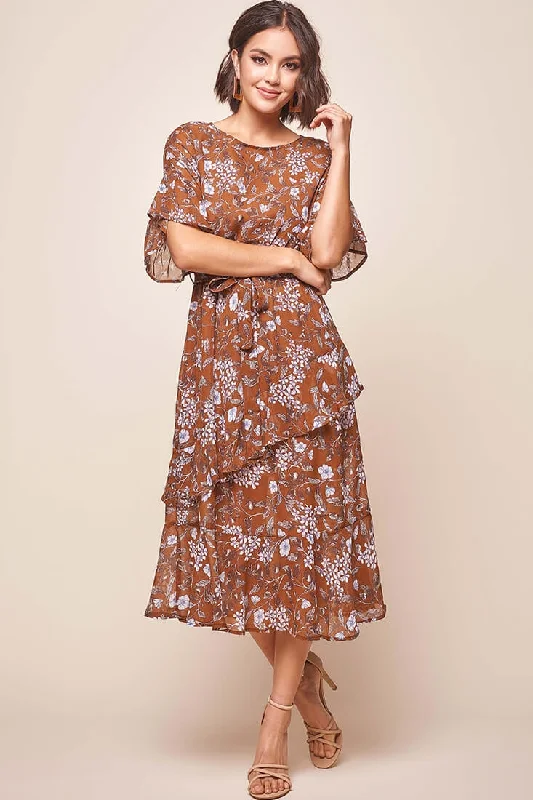 Must-Have Styles Jackson Waist Tie Ruffle Dress Rust Print