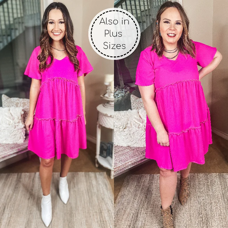 Clearance Sale Online Waiting For Wednesday Short Sleeve Tiered Babydoll Dress in Fuchsia Pink Clearance Sale Online Waiting For Wednesday Short Sleeve Tiered Babydoll Dress in Fuchsia Pink