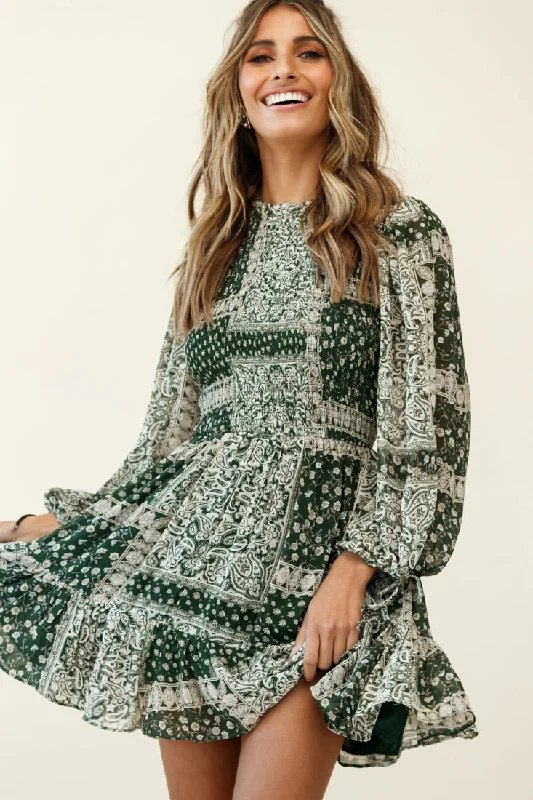 Women's Trendy Clothes Marja Long Balloon Sleeve Shirred Dress Paisley Print Forest Green Women's Trendy Clothes Marja Long Balloon Sleeve Shirred Dress Paisley Print Forest Green
