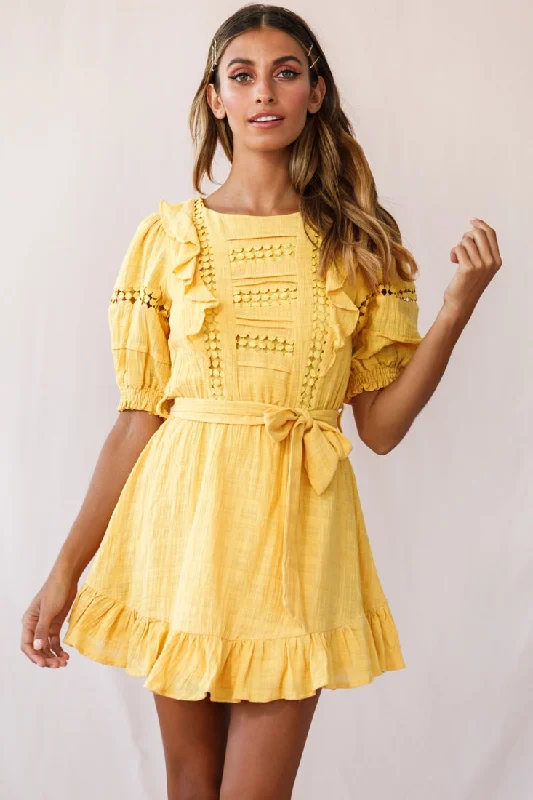 Women's Romantic Outfit Delia Puff Sleeve Crochet Detail Dress Mustard