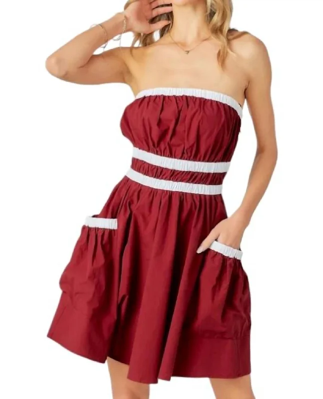 Stylish Savings Strapless Stripes Pocket Dress In Crimson