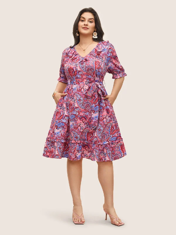 Fashionable Women's Wardrobe Paisley Print Belted Ruffle Trim Dress