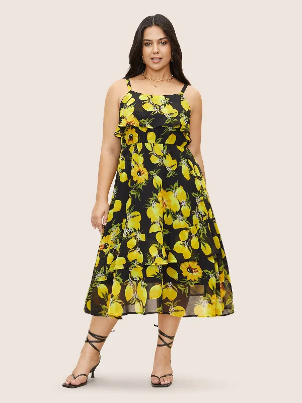 Effortless Chic for Women Citrus Lemon Print Ruffle Trim Belted Cami Dress