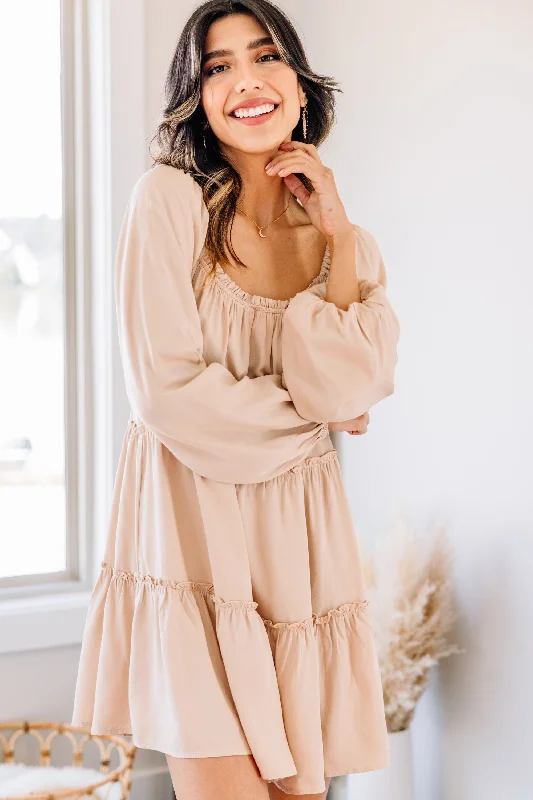 Modern Women's Clothes Stay On Topic Taupe Brown Babydoll Dress