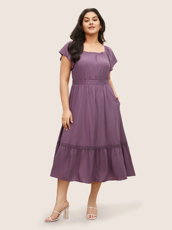 Timeless Women's Garments Solid Cap Sleeve Shirred Frill Trim Dress
