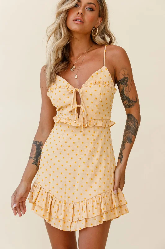 Women's Comfortable Lounge Garments Lady Marmalade String Tie Bust Frill Dress Spotty Yellow