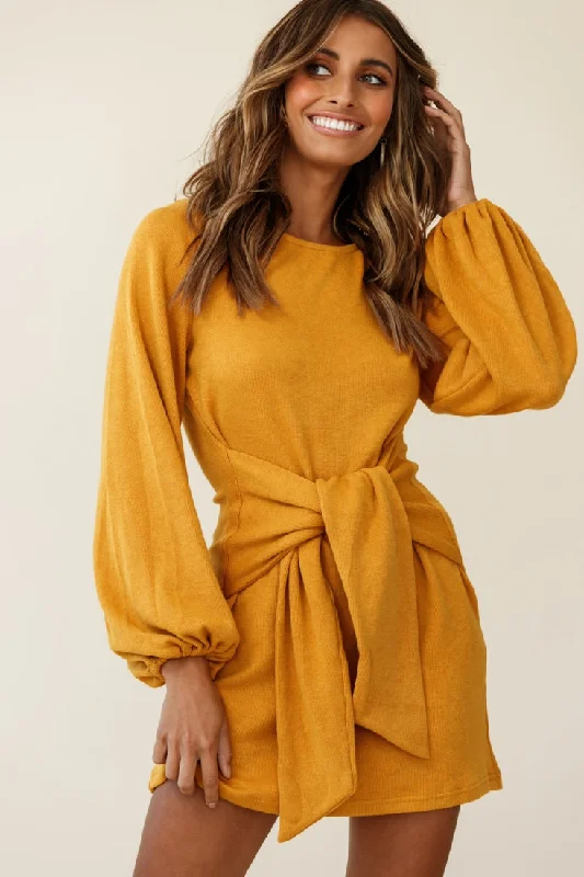 Clothing Brands Rapt Waist Tie Knit Dress Mustard