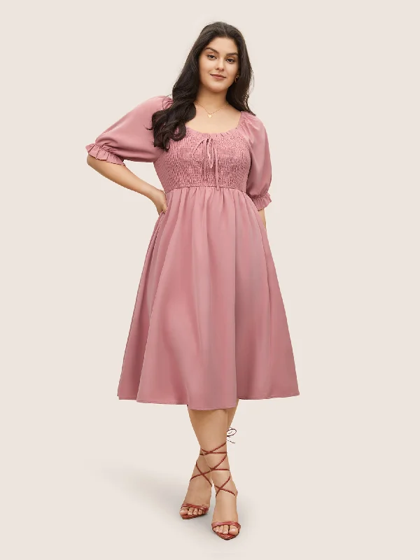 Women's Clothing for Every Occasion Square Neck Shirred Elastic Waist Ties Dress
