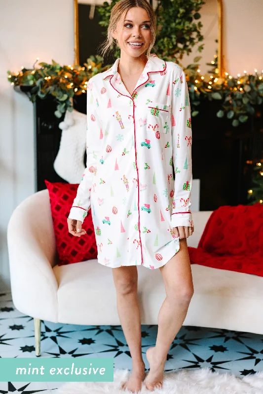 Women Wear Boutique Staying In White Holiday Print Pajama Dress