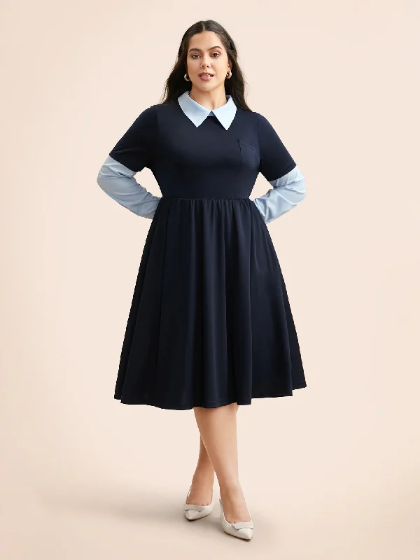 Women's Clothes 2-In-1 Shirt Collar Elastic Waist Dress