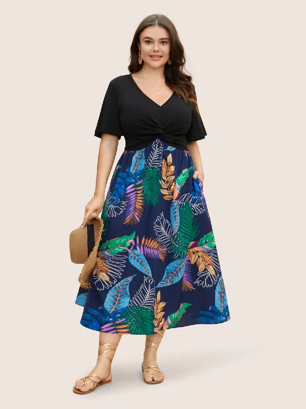 Women's Elegant Garments Tropical Print Patchwork Twist Front Dress