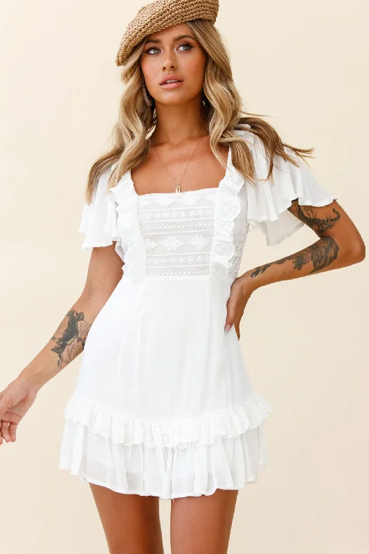 Premium Fabrics Say You Love Me Embroidery and Frill Detail Dress White