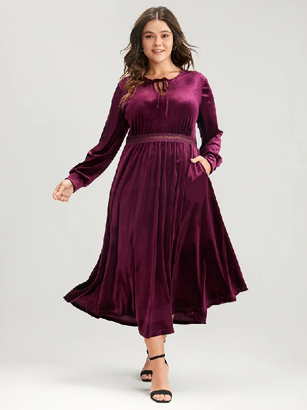 Luxury Women's Fashion Solid Lace Pocket Keyhole Tie Neck Velvet Flutter Dress