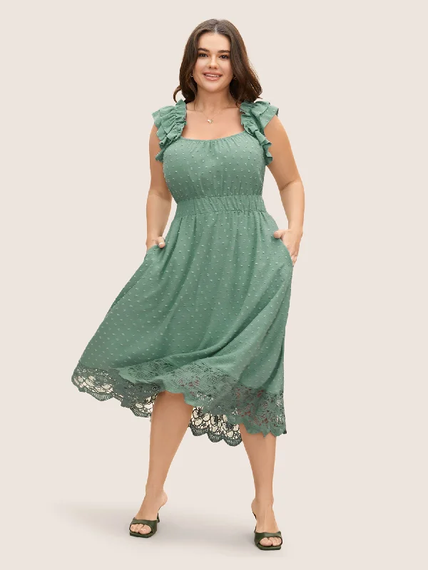 Casual Women's Clothing Online Textured Tiered Ruffles Lace Panel Dress
