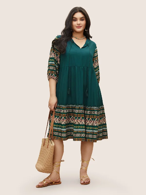 Chic & Cozy Apparel Bandana Patchwork Knot Neck Tassel Trim Dress