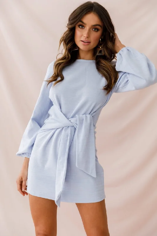 Women's Plus-Size Casual Outfit Rapt Waist Tie Bishop Sleeve Knit Dress Steel Blue