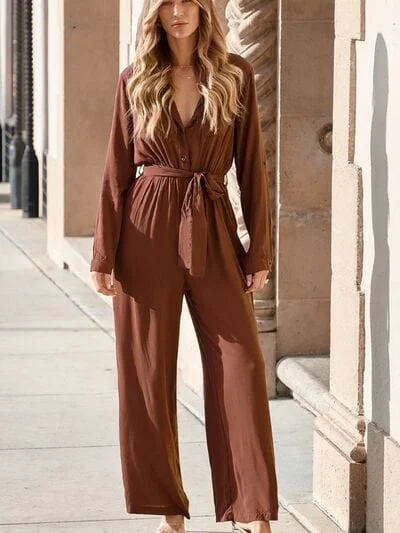 Namaste And Save On Yoga Apparel Pocketed Button Up Tie-Waist Jumpsuit