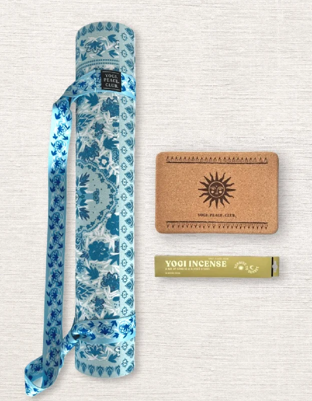 4 mm Yoga Pack - Aqua Garden Yoga Mat + Block + Strap + Incense