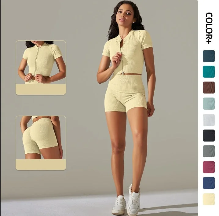 Your Practice Deserves The Best—At Better Prices Thread zipper T-shirt short sleeve yoga shorts set 10 colors Your Practice Deserves The Best—At Better Prices Thread zipper T-shirt short sleeve yoga shorts set 10 colors