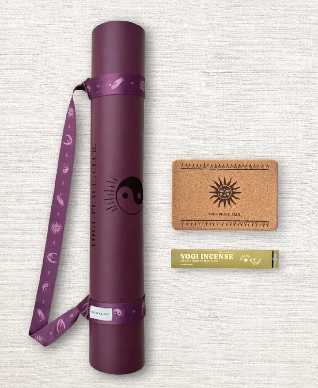 5 mm Yoga Pack - Deluxe Plum Yoga Mat + Block + Strap + Incense